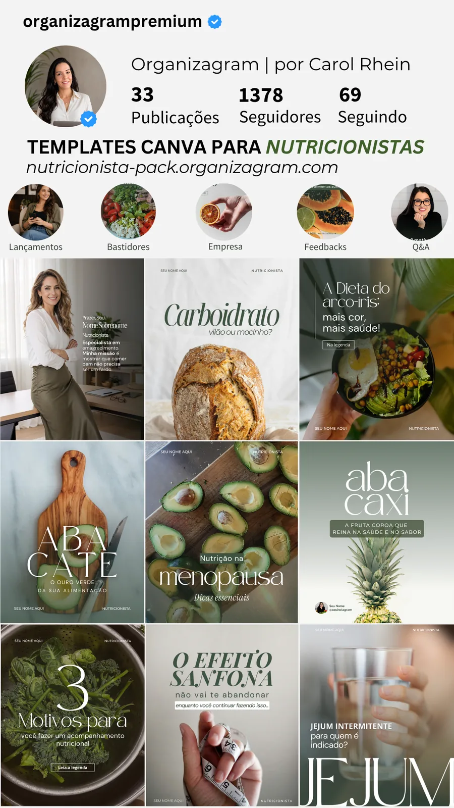 Feed de nutricionista montado com o Pack Nutri no estilo clean e natural