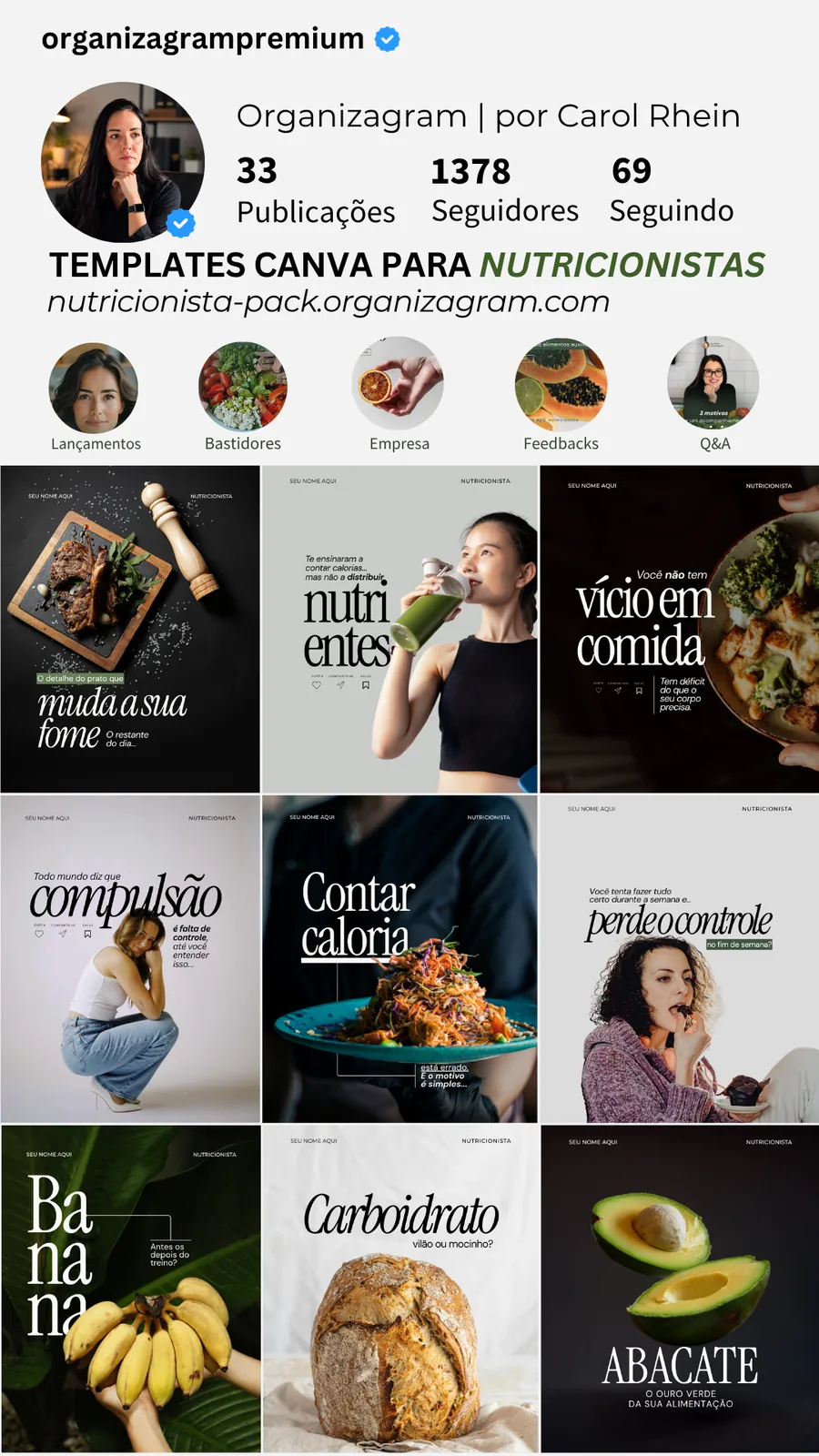 Feed de nutricionista montado com o Pack Nutri no estilo escuro e sofisticado